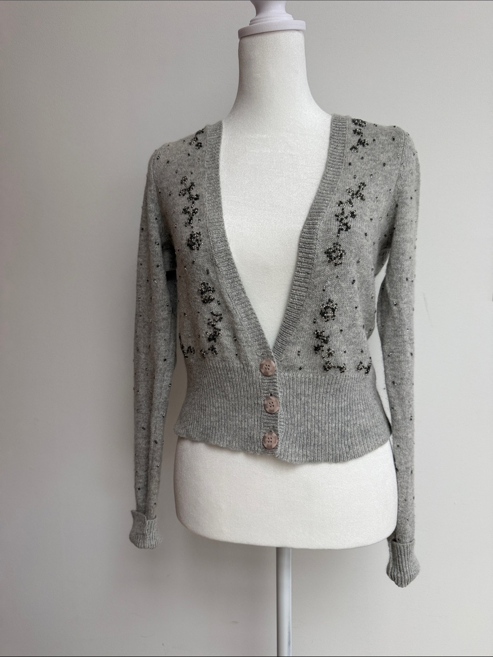 American Eagle Outfitters Gray Embellished V-Neck Button Cardigan